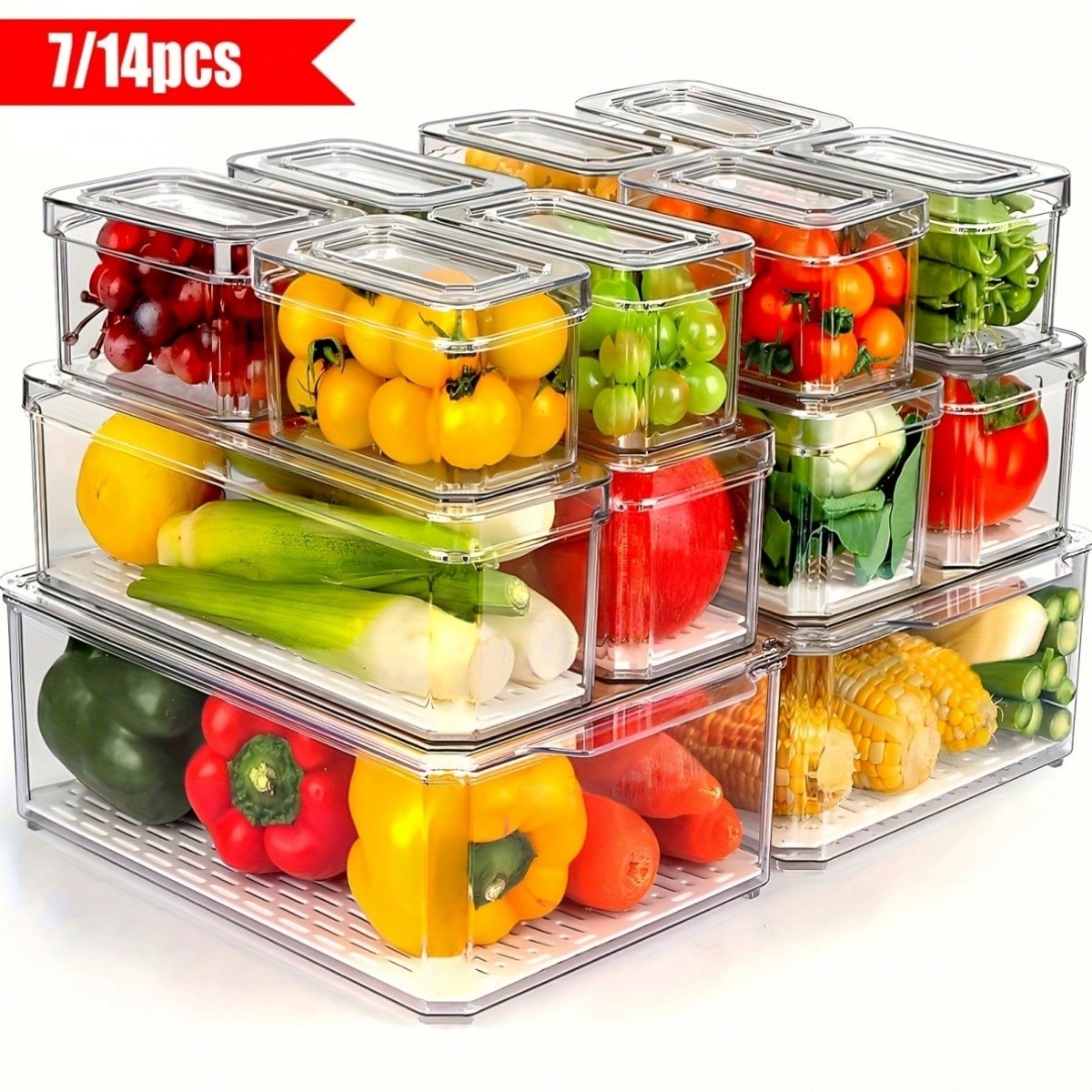 Food Storage Vegetables - 7/14 Pack Stackable Fridge Organizer Bins