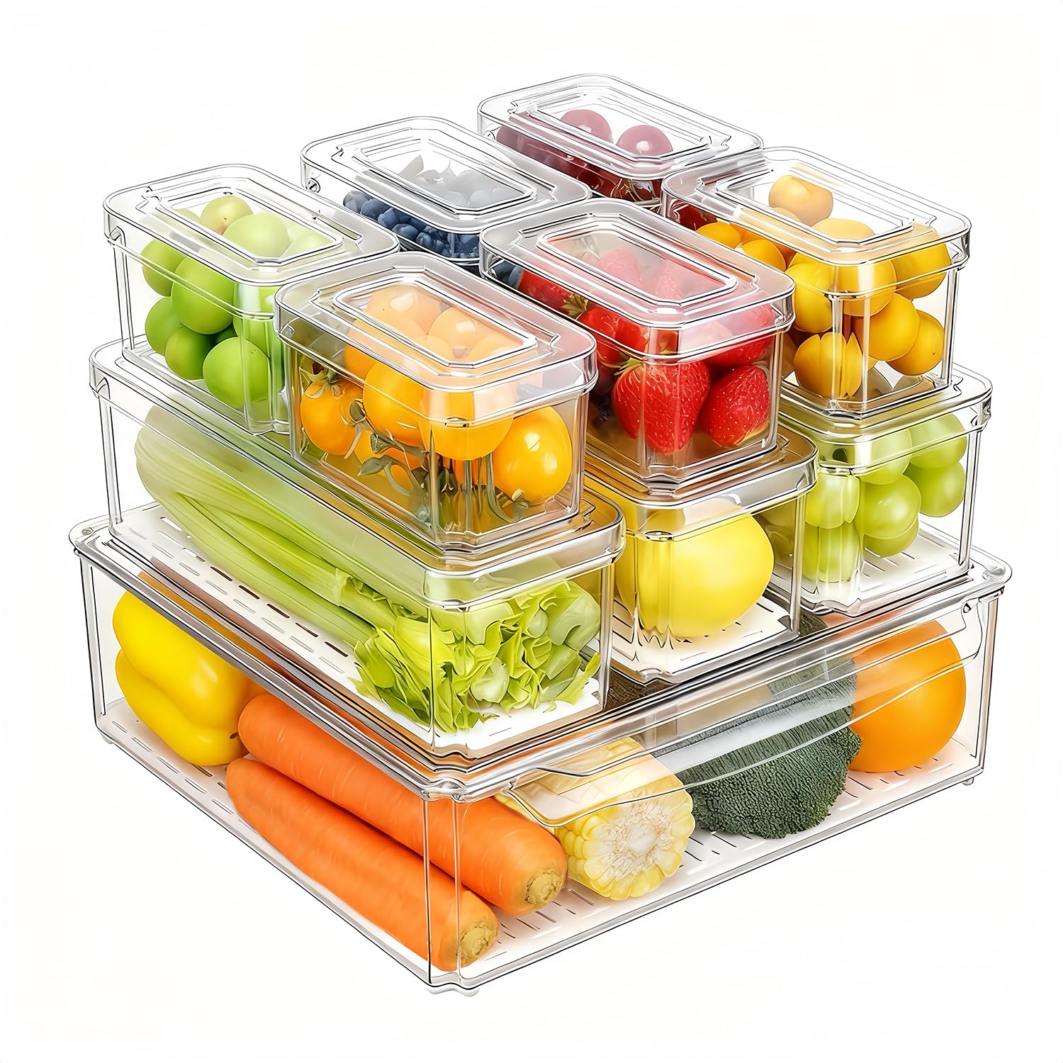Food Storage Vegetables - 14 Pack Fridge Organizer, Stackable Refrigerator