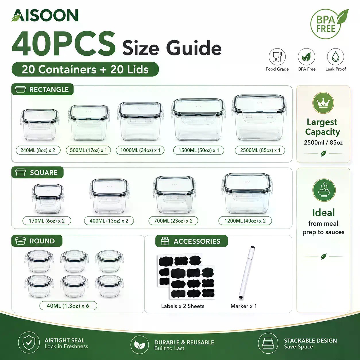 40 PCS Extra Large 85oz Silico - Food Storage Jars Plastic ulasan dan harga